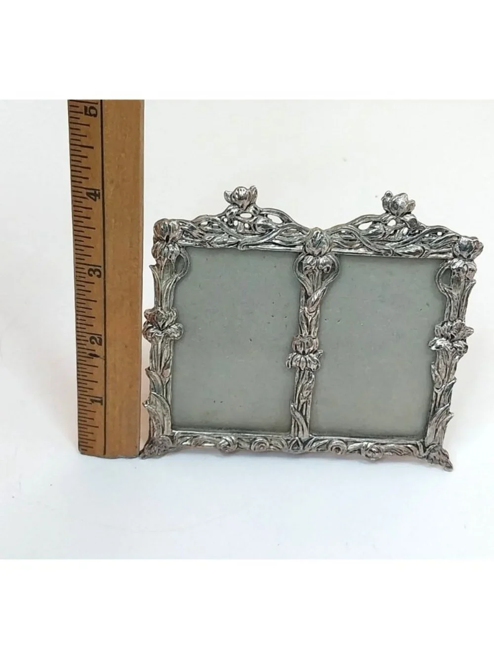 Vintage Pewter Double Picture Frame Ornate Floral Art Nouveau Fits 2